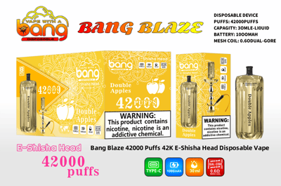 Promotional graphic for the Bang Blaze E-Shisha Head Disposable Vape, featuring key product details such as 'Double Apples' flavor, 42000 puffs capacity, 30ml liquid, 1000mAh battery, and a 0.6 dual-core mesh coil; includes a visual design of the product packaging and device with safety warnings.