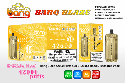 Promotional image showcasing Bang Blaze 42000 PUFFS E-Shisha Head Disposable Vape in Watermelon flavor, featuring detailed product specifications and a yellow, design-oriented packaging.