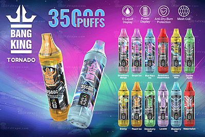 Bang King Tornado disposable vape with 3500 puffs, featuring multiple flavor options such as Strawberry Mango, Blue Razz Ice, and Lemon Mint, displayed with icons highlighting features like e-liquid display, power display, anti-dry-burn protection, and mesh coil technology.