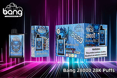 Bang 28000 wegwerp-vape in de smaak Blueberry Ice, met een opvallend blauw demonenontwerp op de verpakking, met informatie over 28K-puffen, mesh-coil, oplaadbare Type-C-poort en een nicotinewaarschuwingslabel.