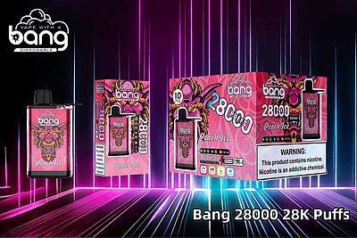 Bang wegwerp-vape-apparaat met 28.000 trekjes in de smaak "Peach Ice", met een opvallende verpakking met een kleurrijk tijgerontwerp, een mesh-coil, een oplaadbare Type-C-poort en een nicotine-waarschuwingslabel.