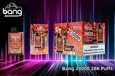 Confezione e dispositivo monouso Bang per svapare con aroma "Sangue e Sabbia" con 28.000 boccate e avviso di dipendenza dalla nicotina.
