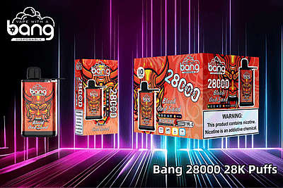 Bang wegwerp-vapeverpakking en -apparaat met de smaak "Blood and Sand" met 28.000 trekjes, met waarschuwing voor nicotineverslaving.