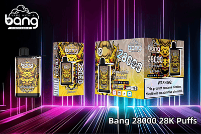 Confezione monouso per vaporizzatore Bang 28000 caratterizzata dal sapore di ananas e cocco, con grafica audace e infuocata, etichetta di avvertenza sulla dipendenza da nicotina e dettagli sulle boccate da 28K e sulla bobina a rete ricaricabile.