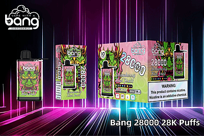 "Verpakking en productafbeelding van de wegwerpbare Bang-vape, met 28.000 trekjes, aardbei-kiwi-smaak, mesh-coil, oplaadbaar ontwerp en nicotine-waarschuwingslabel."