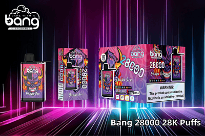 Sigaretta elettronica usa e getta Bang 28000 al gusto Grape Ice con una confezione vivace raffigurante un teschio fiammeggiante, esposta accanto alla scatola e in un'opzione da 10, con la scritta "28K Puffs" e l'avvertenza sulla nicotina.