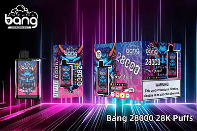 Immagine promozionale che presenta la sigaretta elettronica usa e getta Bang 28000 Puff con confezione colorata e un aroma di frutta mista, con un design vivace e un'etichetta di avvertenza sulla nicotina.