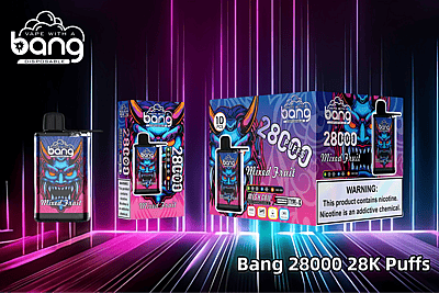 Promotie-afbeelding van de Bang 28000 Puff wegwerp-vape met kleurrijke verpakking en een gemengde fruitsmaak, met een levendig ontwerp en een nicotinewaarschuwingslabel.