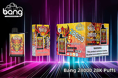 Verpakking en productpresentatie van Bang Disposable Vape, Mango Peach-smaak, met 28.000 trekjes, met een opvallend ontwerp en een waarschuwingslabel dat de aanwezigheid van nicotine aangeeft.