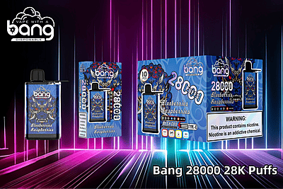 "Bang 28000 wegwerp-vape met de smaak Blueberries Raspberry, mesh-coil, Type-C oplaadbare poort en verpakking met een opvallend, decoratief ontwerp en nicotinewaarschuwingslabel."
