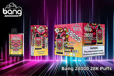 Bang 28000 Strawberry Banana wegwerpverpakking voor vapen met een levendig ontwerp, met een rode duivel-afbeelding en een nicotinewaarschuwingslabel.