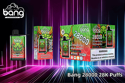 Verpakking en productdisplay voor de Bang 28000 Puffs wegwerp-vape in de smaak Strawberry Watermelon, met kleurrijke afbeeldingen, een waarschuwingslabel over nicotine en productspecificaties.