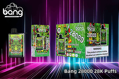 Bang 28000 wegwerp-vape met watermeloensmaak, met een groen drakenontwerp, waarschuwingslabel over nicotineverslaving en productdetails zoals mesh-coil, oplaadbare Type-C en 28K-pufjes.