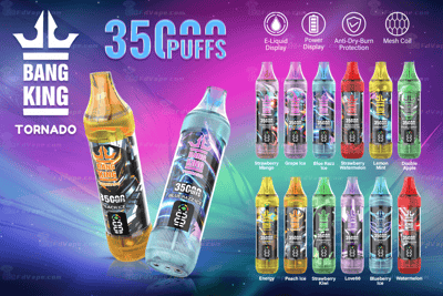 Bang King Tornado disposable vape with 3500 puffs, featuring multiple flavor options such as Strawberry Mango, Blue Razz Ice, and Lemon Mint, displayed with icons highlighting features like e-liquid display, power display, anti-dry-burn protection, and mesh coil technology.