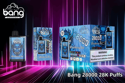 Bang 28000 disposable vape in Blueberry Ice flavor, featuring a bold blue demon design on the packaging, with details about 28K puffs, mesh coil, rechargeable Type-C port, and a nicotine warning label.