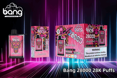 Bang disposable vape device with 28,000 puffs in "Peach Ice" flavor, featuring vibrant packaging with a colorful tiger design, a mesh coil, rechargeable Type-C port, and nicotine warning label.