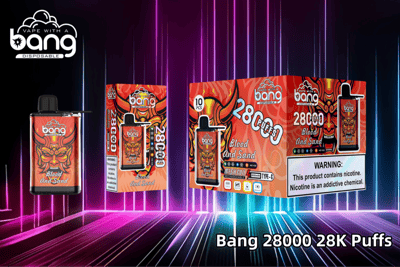 Bang disposable vape packaging and device featuring "Blood and Sand" flavor with 28,000 puffs, warning about nicotine addiction displayed.