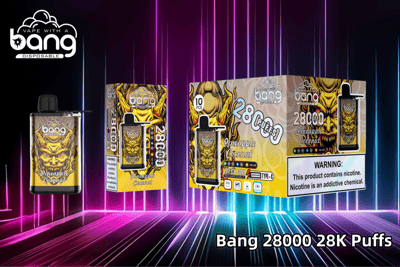 Bang 28000 disposable vape packaging featuring a Pineapple Coconut flavor with bold, fiery artwork, warning label about nicotine addiction, and details on 28K puffs and rechargeable mesh coil.