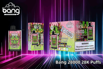 "Packaging and product image of Bang disposable vape, featuring 28,000 puffs, strawberry kiwi fruit flavor, mesh coil, rechargeable design, and nicotine warning label."