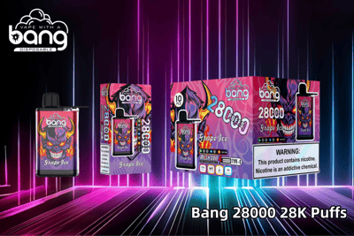 Bang 28000 disposable vape in Grape Ice flavor with vibrant packaging featuring a flaming skull design, displayed alongside its box and a 10-pack option, highlighting "28K Puffs" and nicotine warning.