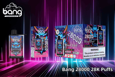Promotional image showcasing Bang 28000 Puff disposable vape with colorful packaging and a mixed fruit flavor, featuring a vibrant design and nicotine warning label.