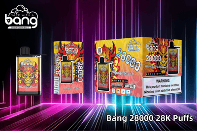 Packaging and product display of Bang Disposable Vape, Mango Peach flavor, featuring 28,000 puffs, with a bold design and a warning label indicating the presence of nicotine.