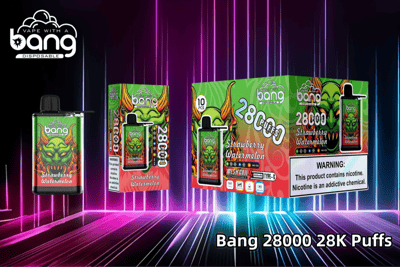 Packaging and product display for Bang 28000 Puffs disposable vape in Strawberry Watermelon flavor, featuring colorful graphics, warning label about nicotine, and product specifications.