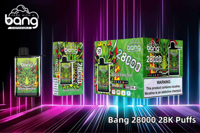 Bang 28000 disposable vape with watermelon flavor packaging, showcasing a green dragon design, warning label about nicotine addiction, and product details including mesh coil, rechargeable Type-C, and 28K puffs.