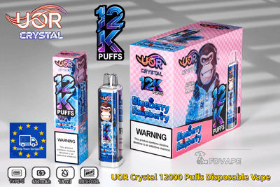 Paquete de vaporizador desechable UOR Crystal 12000 Puffs Blueberry Raspberry con caja a cuadros rosa, mono de dibujos animados y 12K Puffs.