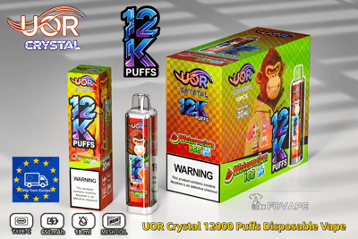 Paquete de vaporizador desechable UOR Crystal 12K Puffs Watermelon Ice que presenta una caja colorida, un mono de dibujos animados y el logotipo de 12K Puffs.