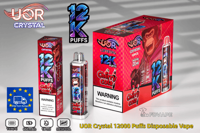 Vaporizador desechable UOR Crystal 12K Puffs Cherry Cola con empaque a cuadros rojos y una mascota mono.