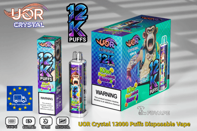 Dispositivo y empaque desechable para vapeo UOR Crystal 12K Puffs con sabor a kiwi, maracuyá y guayaba y etiquetas de advertencia.