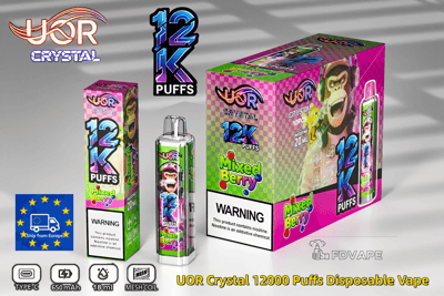 Envase para vapeo desechable Vibrant UOR Crystal 12K Puffs Mixed Berry con caja, botella y dispositivo.