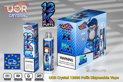 Paquete de vaporizador desechable UOR Crystal 12K Puffs con cajas a cuadros azules, una mascota de mono de dibujos animados y sabor Mr Blue.