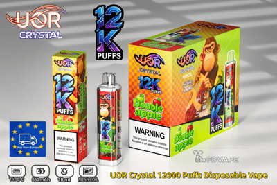 Colorido empaque desechable para vapeo UOR Crystal 12K Puffs con sabor a doble manzana y un mono de dibujos animados.