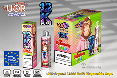 Envase y botella de vapeo desechable UOR Crystal 12000 Puffs, sabor Strawberry Ice, con mascota mono y logo de 12K Puffs.
