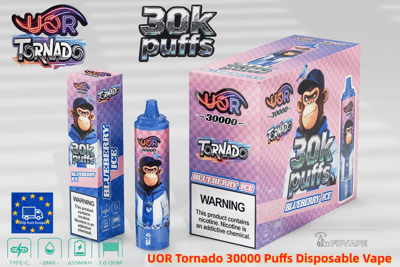 UOR Tornado 30000 Puffs Blueberry Ice confezione per vaporizzatore usa e getta con una scimmia cartone animato su uno sfondo a scacchi rosa.