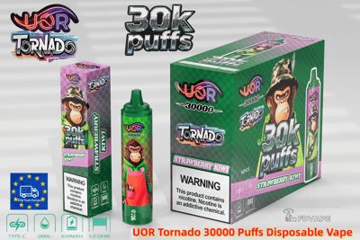 Collage di confezioni di vaporizzatori usa e getta UOR Tornado 30k Puffs con una mascotte di gorilla e una bottiglia di vaporizzatore verde.