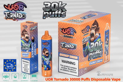 UOR Tornado 30000 Puffs Confezione per vaporizzatore usa e getta con una mascotte di scimmia cartone animato, disegno a scacchiera arancione e una penna per vaporizzatore.