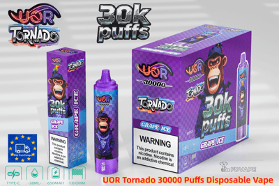 Scatola e bottiglia per vaporizzatore usa e getta UOR Tornado 30k Puffs viola con una mascotte scimmia sorridente e sapore di ghiaccio all'uva.