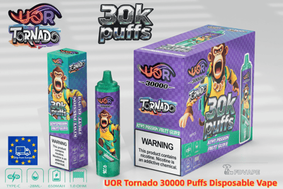 Confezione di vaporizzatori usa e getta UOR Tornado da 30k con una scatola viola, una scimmia ruggente e il sapore di Kiwi Passion Fruit Guava.