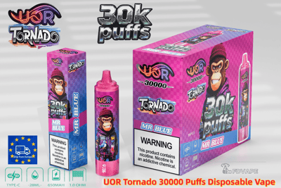 Confezione di vaporizzatori usa e getta UOR Tornado 30000 Puffs rosa e viola con un gorilla dei cartoni animati e una bottiglia rosa etichettata MR BLUE.