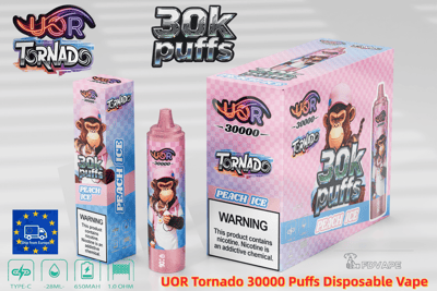 Confezione di vaporizzatore usa e getta UOR Tornado 30k a quadretti rosa Peach Ice con una mascotte di scimmia cartone animato e una bottiglia rosa.