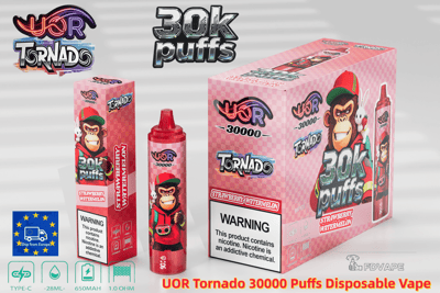 Confezione rosa a quadretti per il vaporizzatore usa e getta UOR Tornado 30k con sbuffi di fragola e anguria, con una scimmia cartone animato ed un'etichetta di avvertenza.