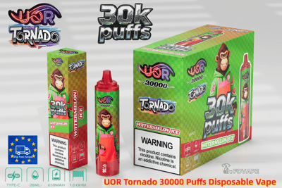 Scatole a scacchi verdi e una bottiglia con tappo rosso per il vaporizzatore usa e getta UOR Tornado 30000 Puffs Watermelon Ice, con una scimmia dei cartoni animati.