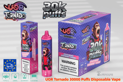 Confezione di vaporizzatori usa e getta UOR Tornado 30000 Puffs caratterizzata da un motivo a scacchi viola e una mascotte gorilla urlante.