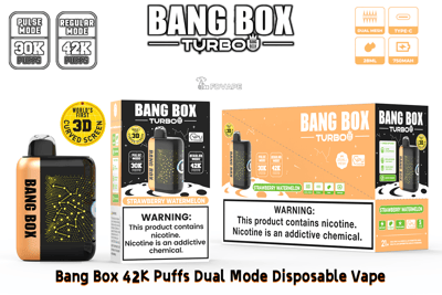 Bang Box Turbo disposable vape with dual-mode 30K/42K puffs, black and orange packaging, strawberry watermelon flavor.