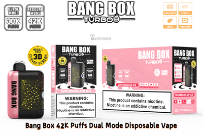 Bang Box Turbo disposable vape shown with a pink device beside black and pink Watermelon Ice boxes, 42K puffs, dual mode.