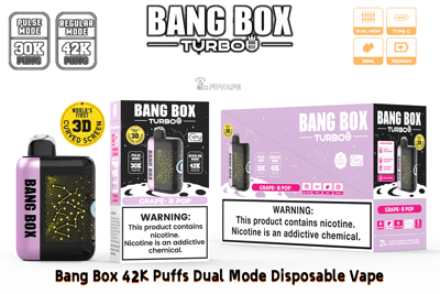 Bang Box Turbo dual-mode disposable vape with a purple device and black lavender packaging, showing 42K puffs and a 3D curved screen badge.