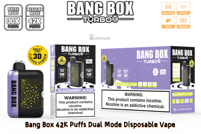 Bang Box Turbo disposable vape in purple with Blackberry-B-Pop packaging; dual-mode 30K/42K puffs, 3D curved screen badge.